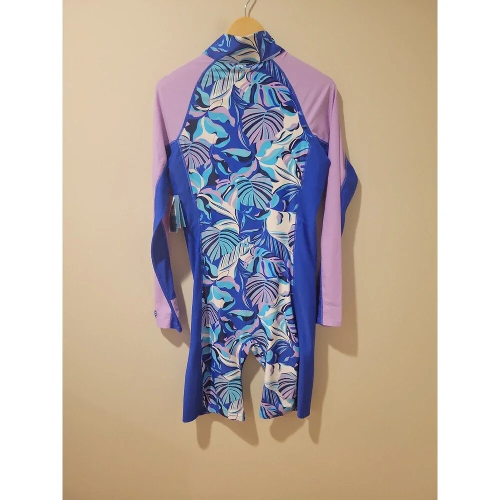 NWT Coolibar Alana Knee Length Long Sleeve Swimsuit Blue Tropical Size L UPF 50+